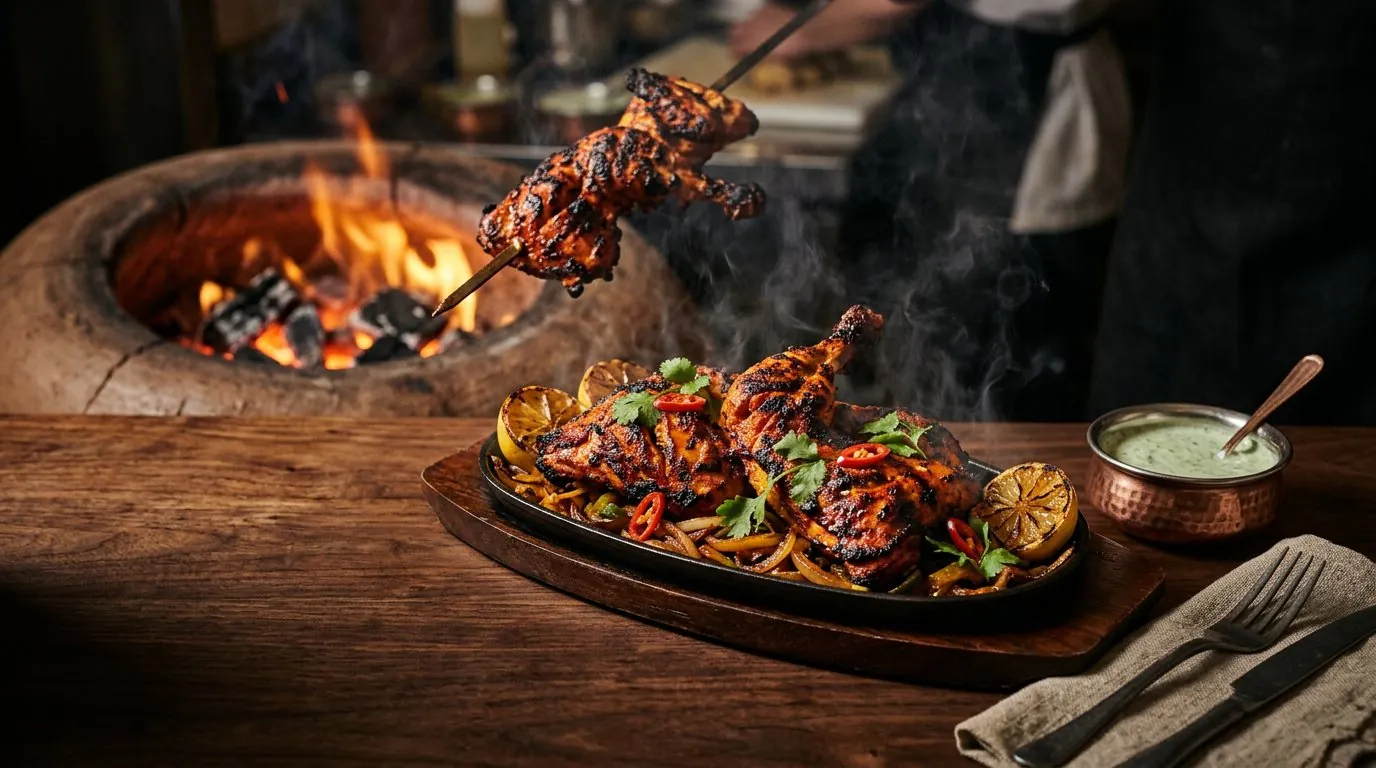 Flame-grilled tandoori chicken platter fresh from the clay oven in Canggu